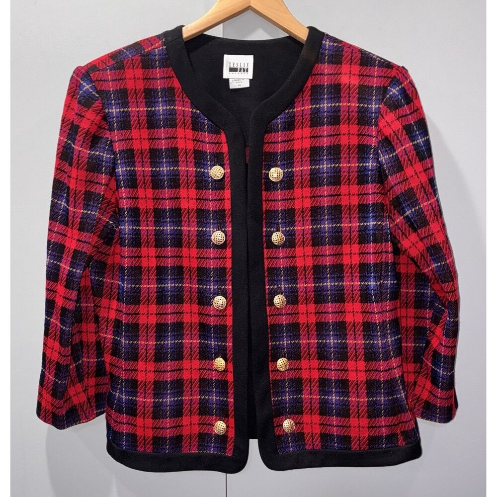 Vintage Workwear Academia Red Plaid Jacket Blazer Gold Double Buttons USA Sz 14